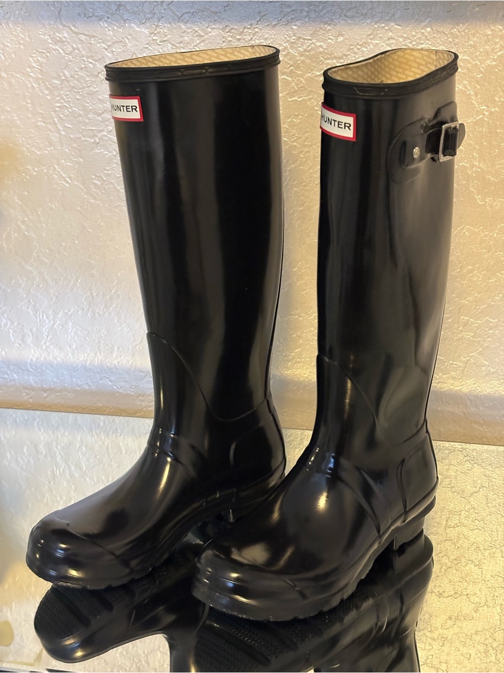 Hunter Glossy Black Knee-High Rain Boots with Hunter Socks